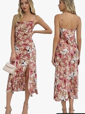Floral Satin Slip Midi Dress Spaghetti Strap Size Small